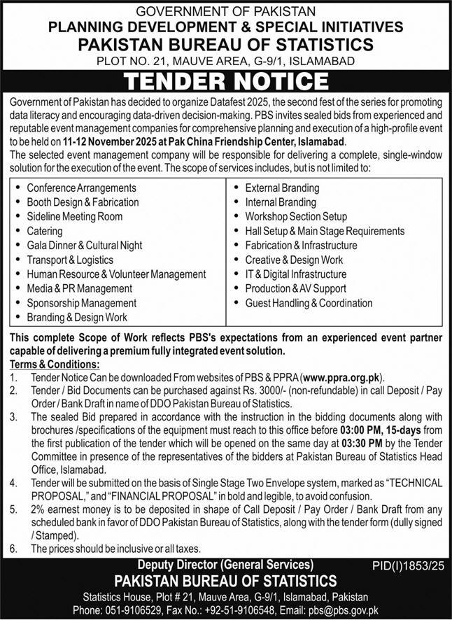 Planning Development & Special Initiatives Islamabad Tender Notice
